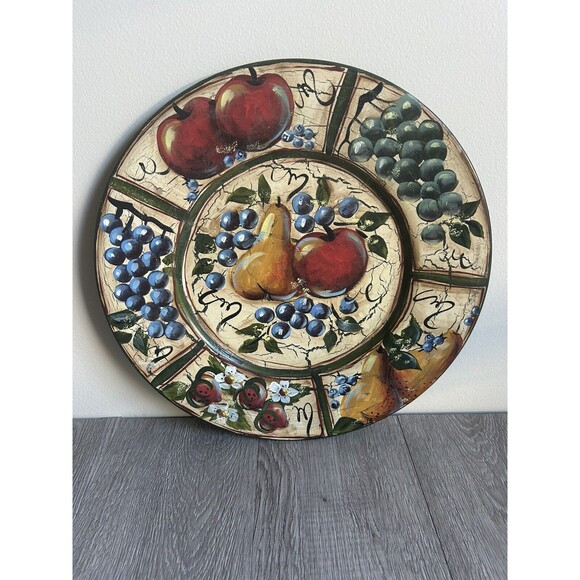Vintage Decorative Metal Plate Platter Fruits & Flowers Hand Painted Round 14” - Picture 1 of 7